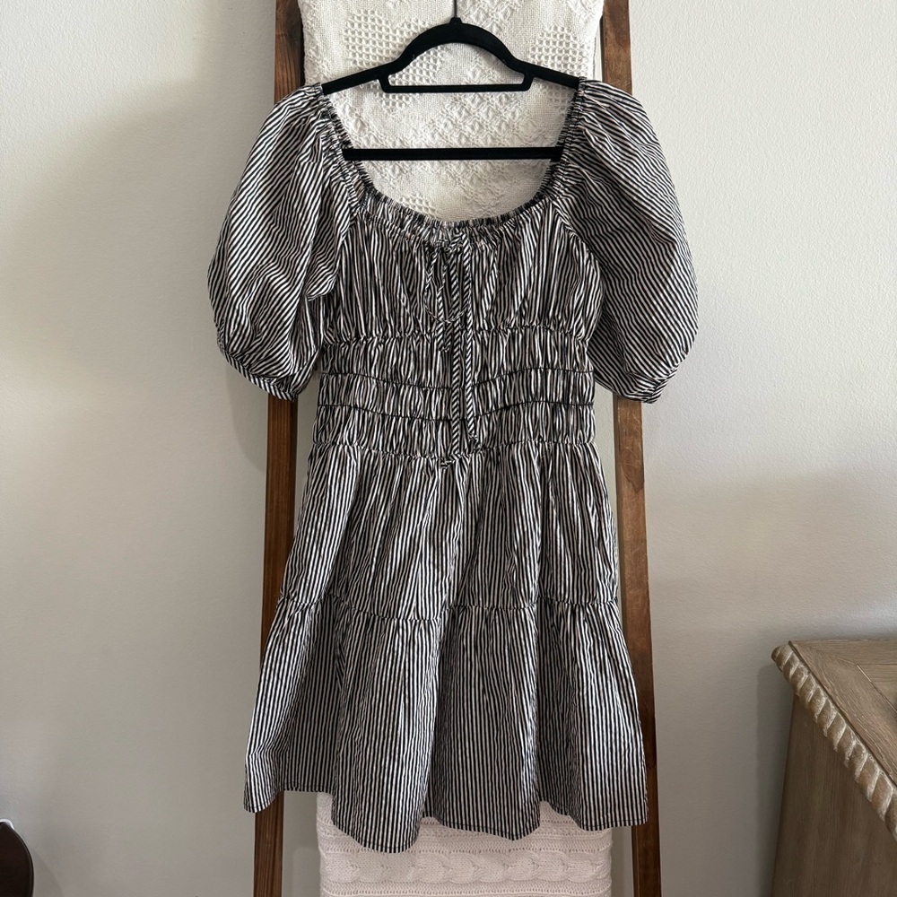 Elan Black & Cream Pinstripe Puff Sleeve 100% Cotton Tiered Mini Dress